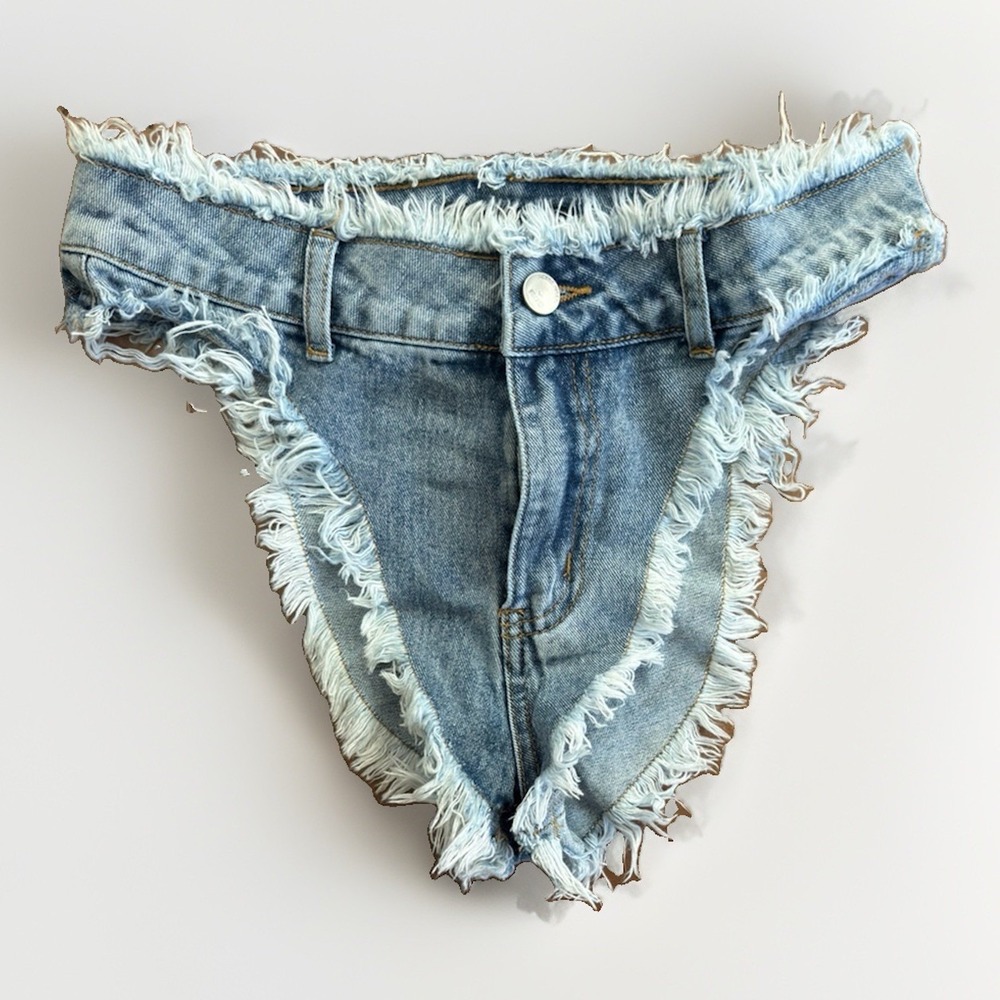 EillyBazar Women's Small Distressed Denim High Cut Shorts Thong Style NWT